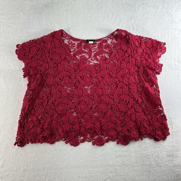 Torrid Plus 0X Top Crochet Layering Cropped Scoop Neck Dark Pink Short Sleeve - Picture 3 of 13